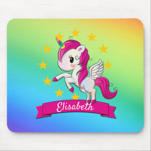 Cute Colourful Magical Unicorn Rainbow Kids Name Mouse Mat
