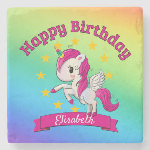 Cute Colourful Magical Unicorn Rainbow Kids Name Stone Coaster