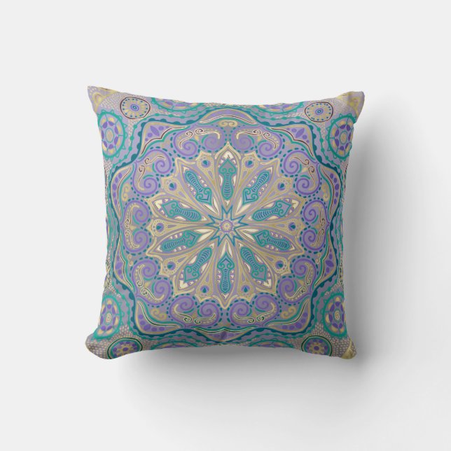 Cute Colourful Mandala In Purple Blue and Gold Cushion (Front)