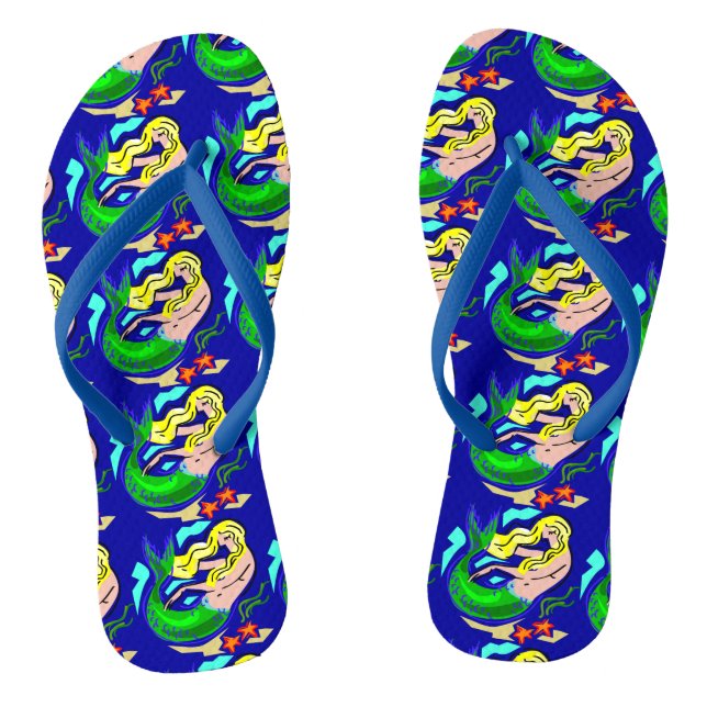 Cute Colourful Mermaid Dreams Blue Flip Flops (Footbed)