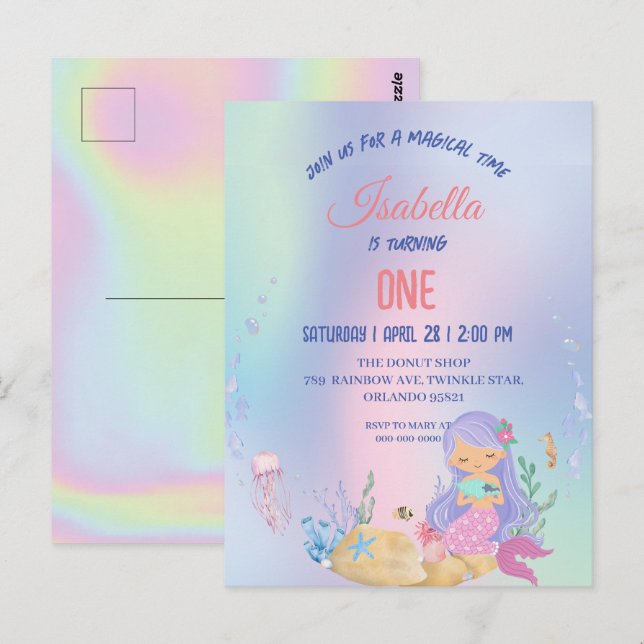 Cute Colourful mermaid Rainbow Birthday party kids Postcard (Front/Back)