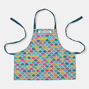 Cute Colourful Mermaid Scales Monogram Name Apron