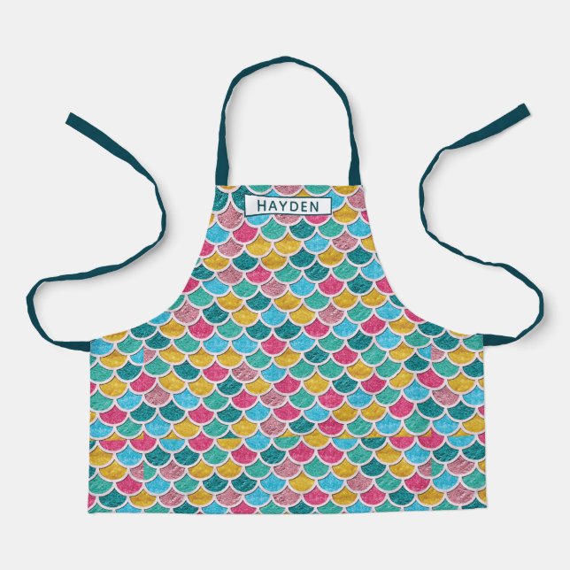 Cute Colourful Mermaid Scales Monogram Name Apron (Front)