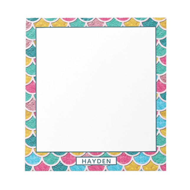 Cute Colourful Mermaid Scales Monogram Name Notepad (Front)