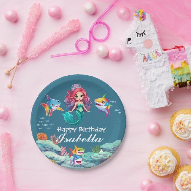 Cute Colourful mermaid shark rainbow Birthday kids Paper Plate (Party)