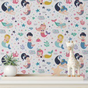 Cute Colourful Mermaids Modern Girls Kids Pattern Wallpaper