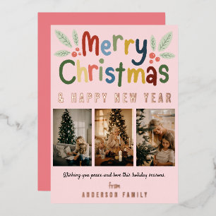 Cute Colourful Merry Christmas Family Photo Pink Foil Holiday Card