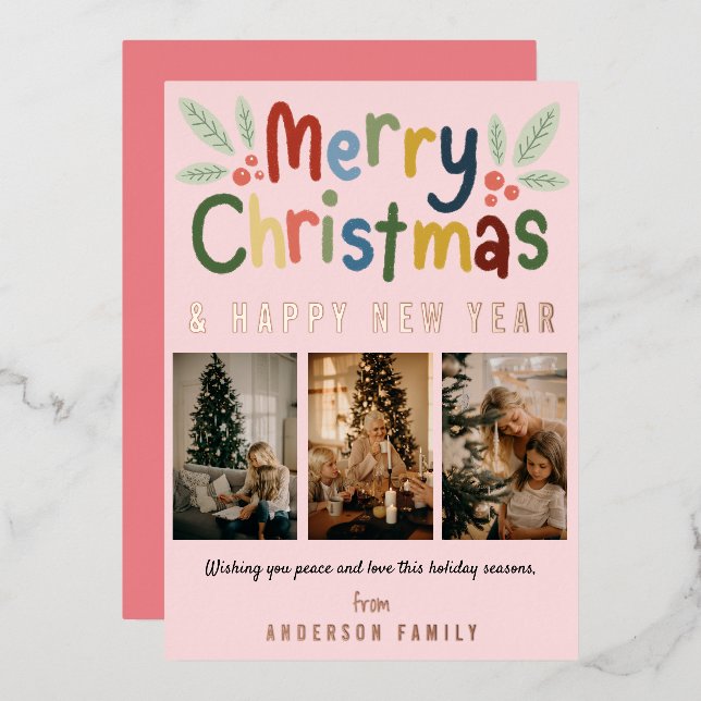 Cute Colourful Merry Christmas Family Photo Pink Foil Holiday Card (Front/Back)