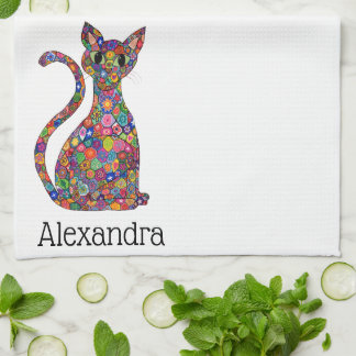 Cute Colourful Millefiori Cat Monogram Name Tea Towel