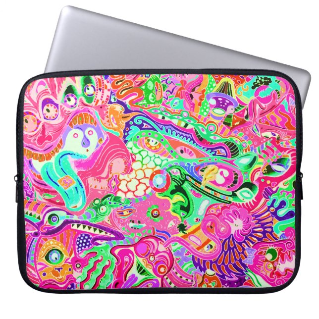 Cute colourful mixed abstract monsters laptop sleeve (Front)