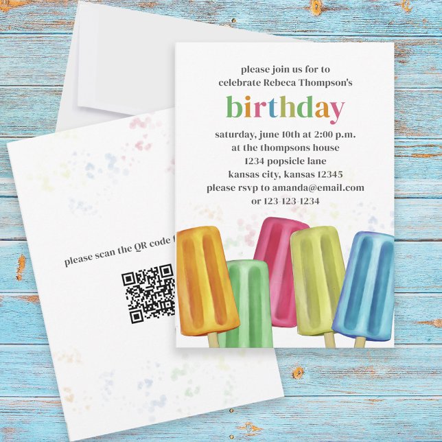Cute Colourful Modern Birthday Popsicles QR Code Invitation (Creator Uploaded)