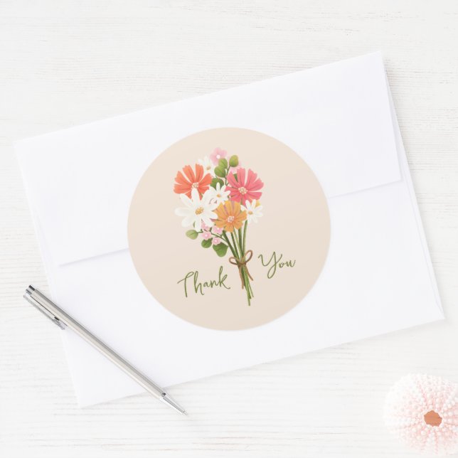 Cute Colourful Modern Flower Bouquet Thank You Classic Round Sticker (Envelope)