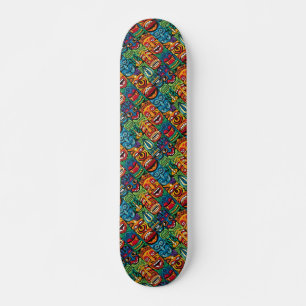 Cute Colourful Modern Tropical Tiki Faces  Skateboard