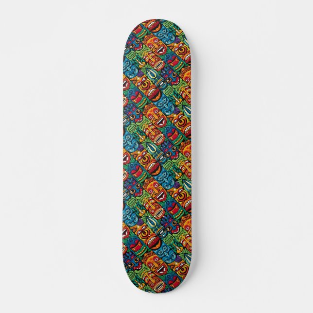 Cute Colourful Modern Tropical Tiki Faces  Skateboard (Front)