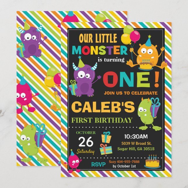 Cute Colourful Monster 1st Birthday Party Vibrant Invitation (Front/Back)