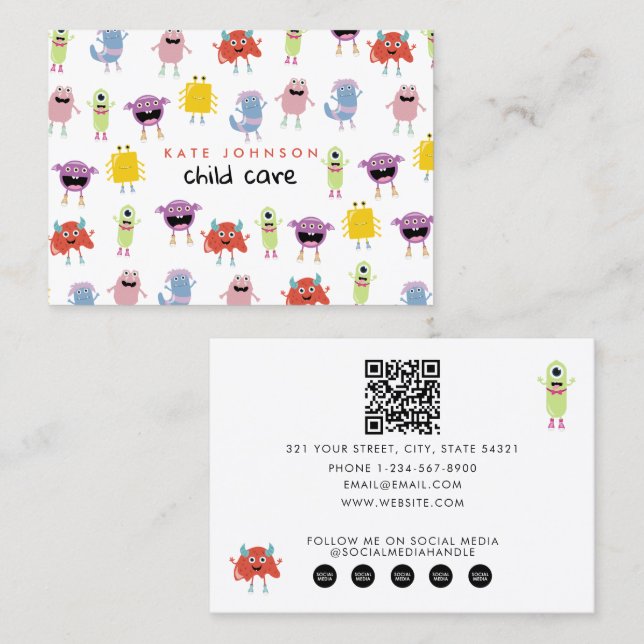 Cute Colourful Monsters Child Care Babysitter Business Card (Front/Back)