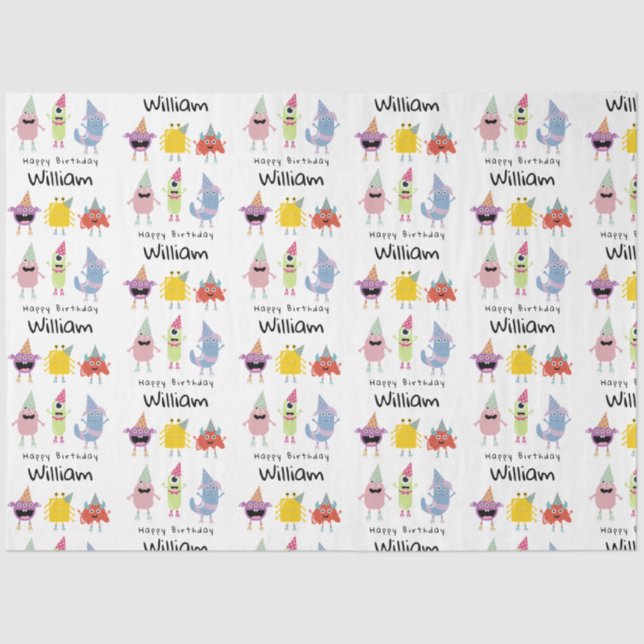 Cute Colourful Monsters Funny Kids Birthday Name Tissue Paper (Front)