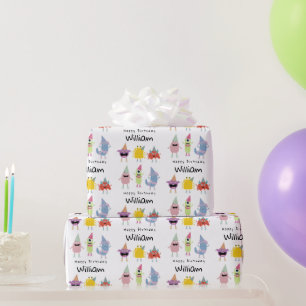 Cute Colourful Monsters Funny Kids Birthday Name Wrapping Paper