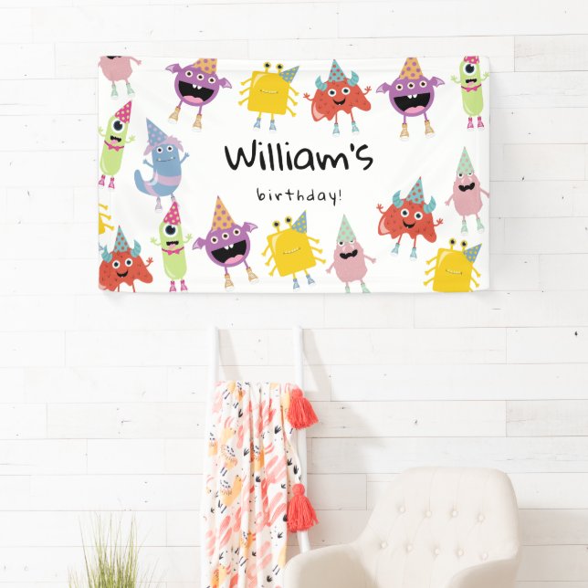 Cute Colourful Monsters Funny Kids Birthday Party Banner (Insitu)