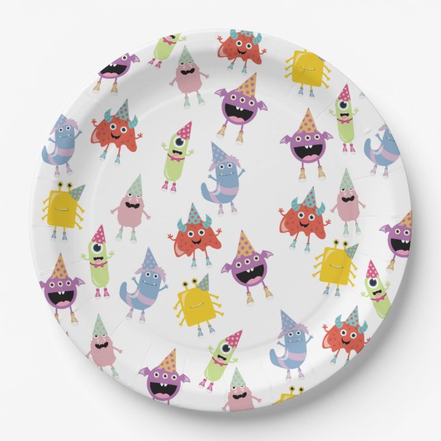 Cute Colourful Monsters Funny Kids Birthday Party Paper Plate (Front)