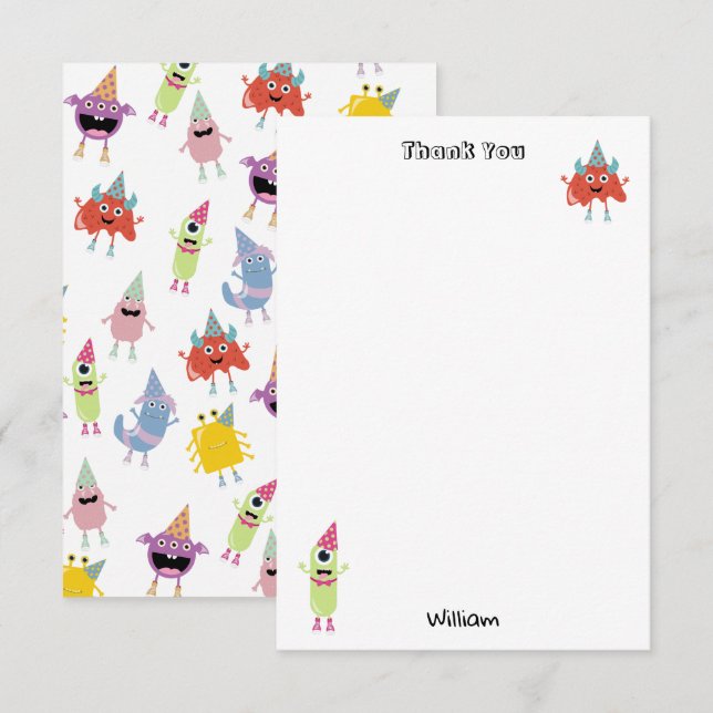 Cute Colourful Monsters Funny Kids Birthday Party Thank You Card (Front/Back)