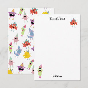 Cute Colourful Monsters Funny Kids Birthday Party Thank You Card