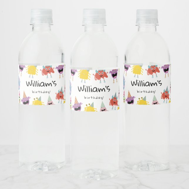 Cute Colourful Monsters Funny Kids Birthday Party Water Bottle Label (Bottles)