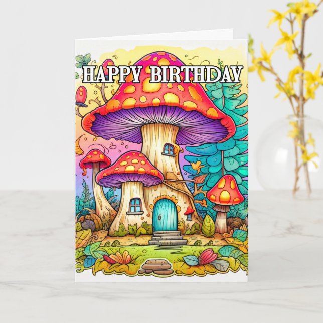 Cute Colourful Mushroom Forest Illustration Card (Yellow Flower)