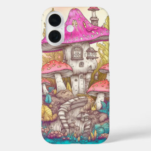 Cute Colourful Mushroom House Art iPhone 16 Case