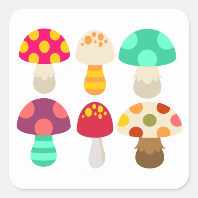 Cute colourful mushrooms square sticker (Front)