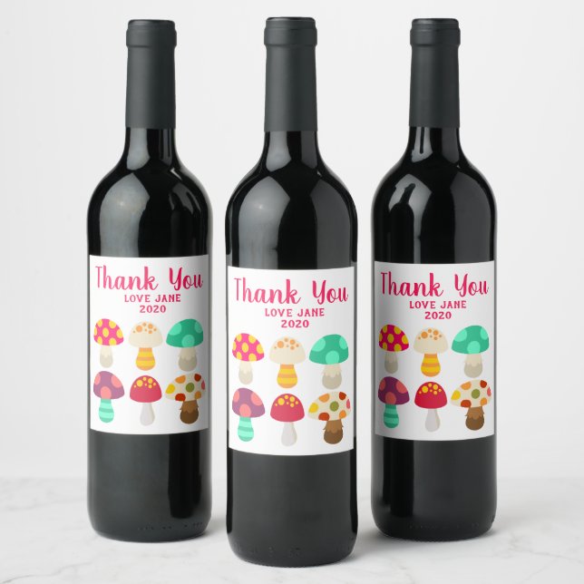Cute colourful mushrooms wine label (Bottles)