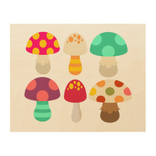 Cute colourful mushrooms wood wall art