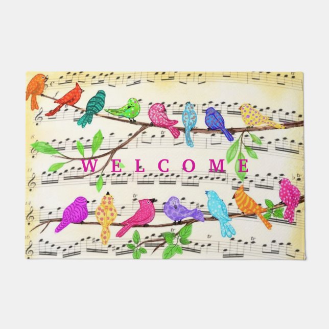 Cute Colourful Musical Bird Doormat (Front)