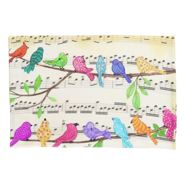 Cute Colourful Musical Birds Pillow Case (Front)
