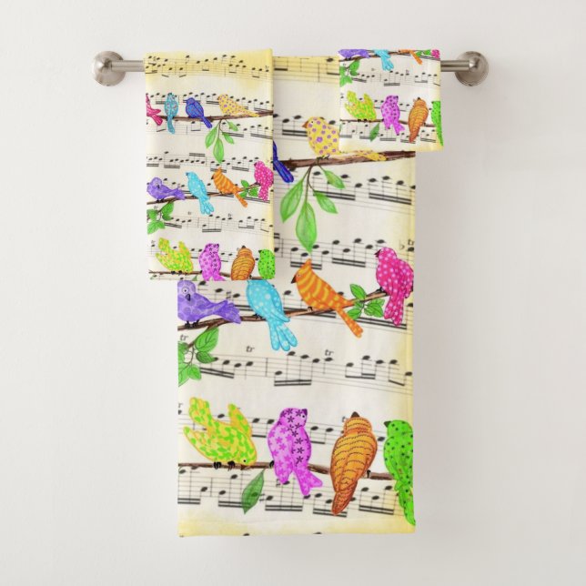 Cute Colourful Musical Birds Symphony - Happy Song Bath Towel Set (Insitu)
