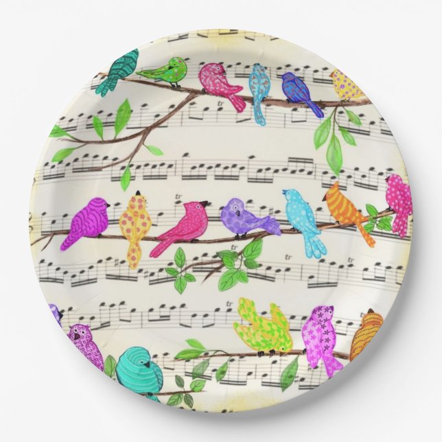 Cute Colourful Musical Birds Symphony - Happy Song Paper Plate (Front)
