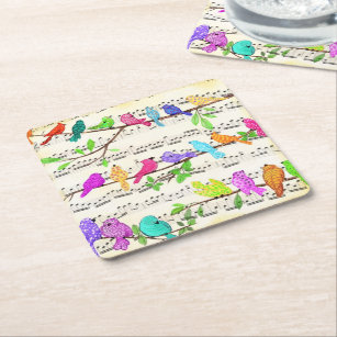 Cute Colourful Musical Birds Symphony - Happy Song Square Paper Coaster