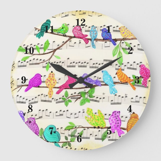 Cute Colourful Musical Birds Symphony - Magic Song Large Clock (Front)