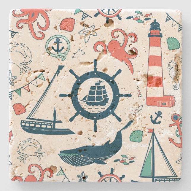 Cute Colourful Nautical Pattern With Boat Wheel Stone Coaster (Front)