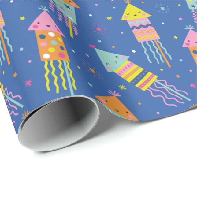 Cute Colourful New Year's Eve Fireworks blue Wrapping Paper (Roll Corner)