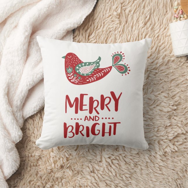 Cute Colourful Nordic Style Bird "Merry & Bright" Cushion (Blanket)