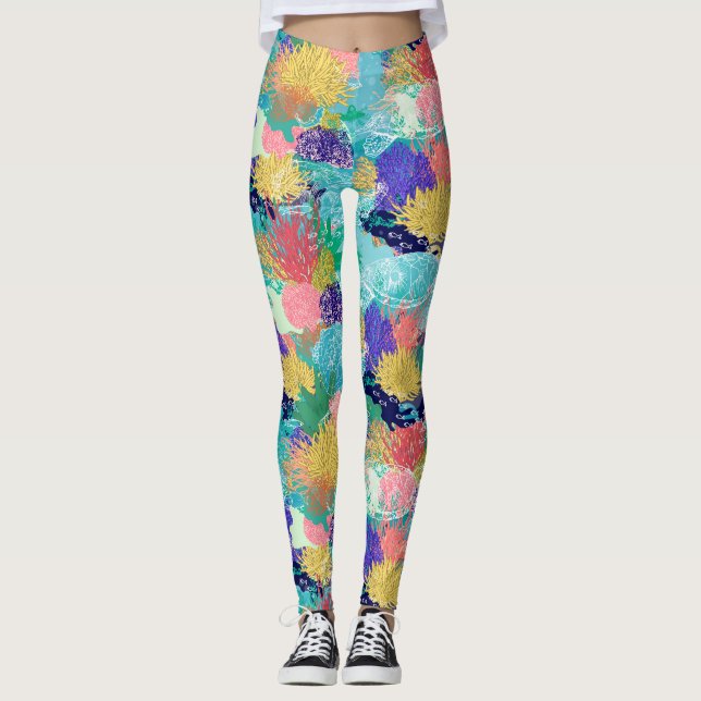 Cute colourful ocean coral reefs and turtles desig leggings (Front)