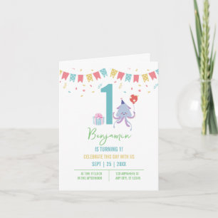 Cute Colourful Octopus Balloon Banners 1st Birthda Invitation