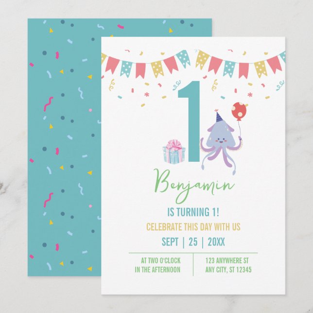 Cute Colourful Octopus Balloon Banners 1st Birthda Invitation (Front/Back)