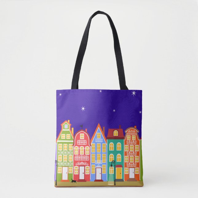 Cute Colourful Old Town Night Walking Cat Bag (Front)