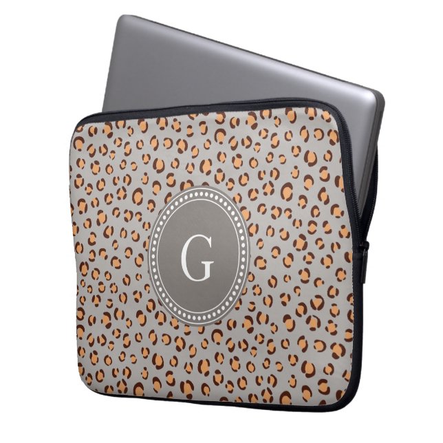 Cute colourful orange brown cheetah print monogram laptop sleeve (Front Left)