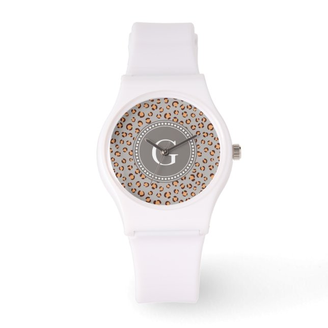 Cute colourful orange brown cheetah print monogram watch (Front)