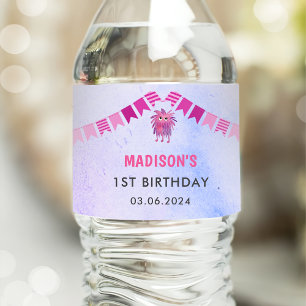 Cute Colourful Our Little Monster Birthday Party Water Bottle Label