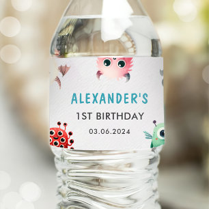 Cute Colourful Our Little Monster Birthday Party Water Bottle Label