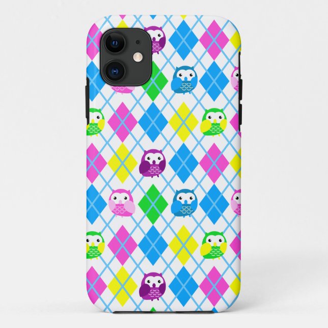 Cute Colourful Owl Argyle Case-Mate iPhone Case (Back)